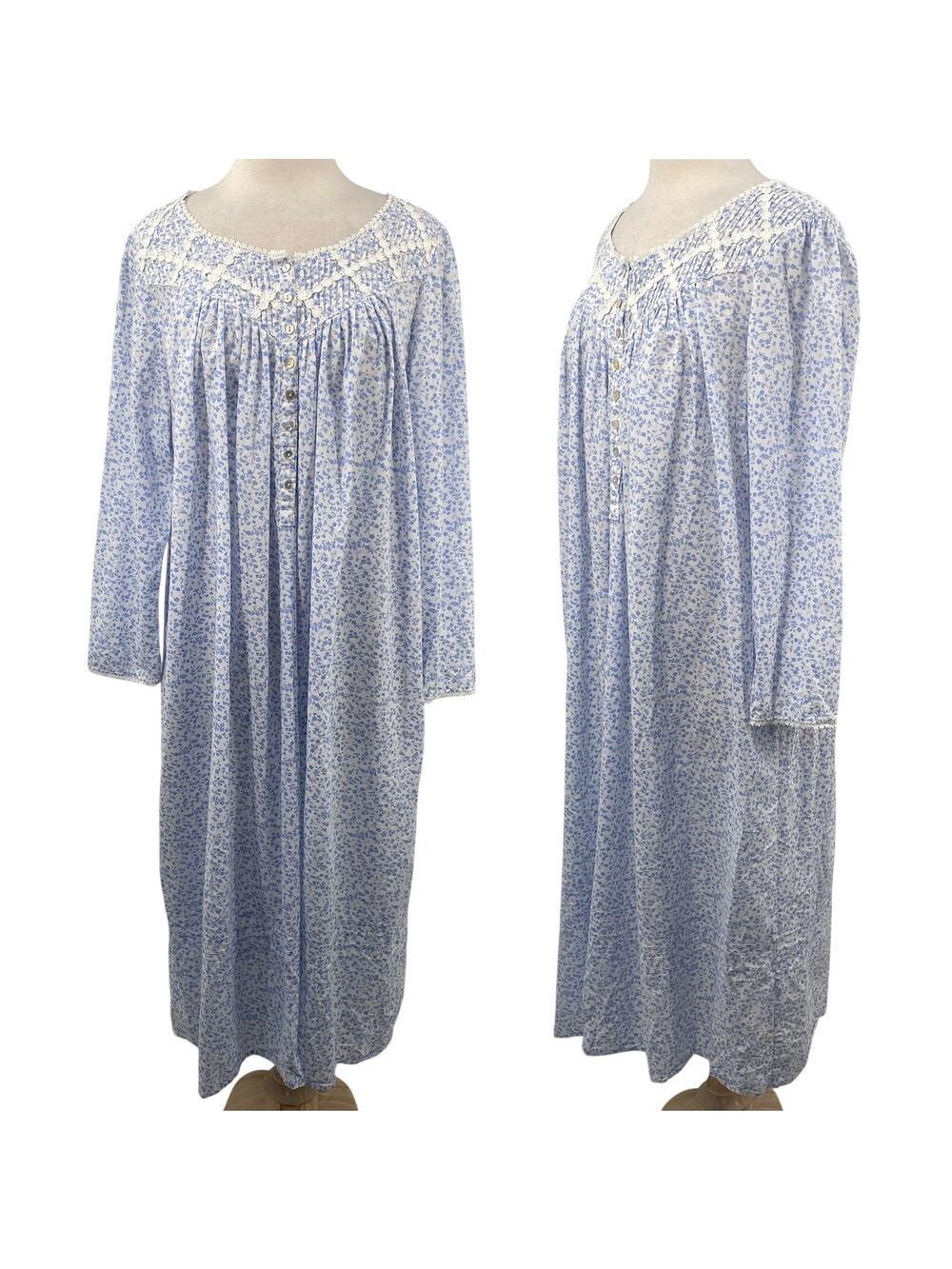 Eileen West Cotton Nightgown Floral Print Button Front Long Sleeve Blue White L